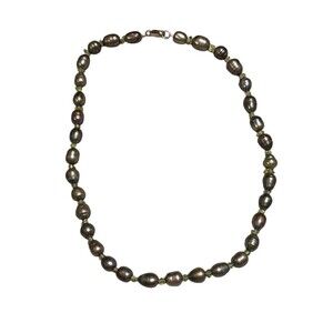 Baroque Freshwater Pearl Strand Necklace Dark Gray Greenish Crystal Spacer Beads